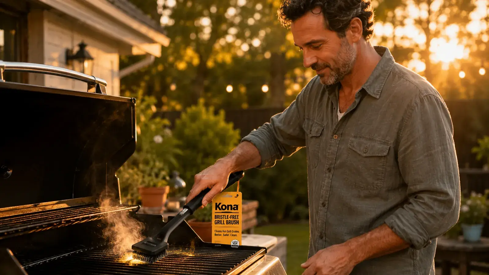 Kona bristle-free grill brush held over a charcoal grill with visible cleaned grates