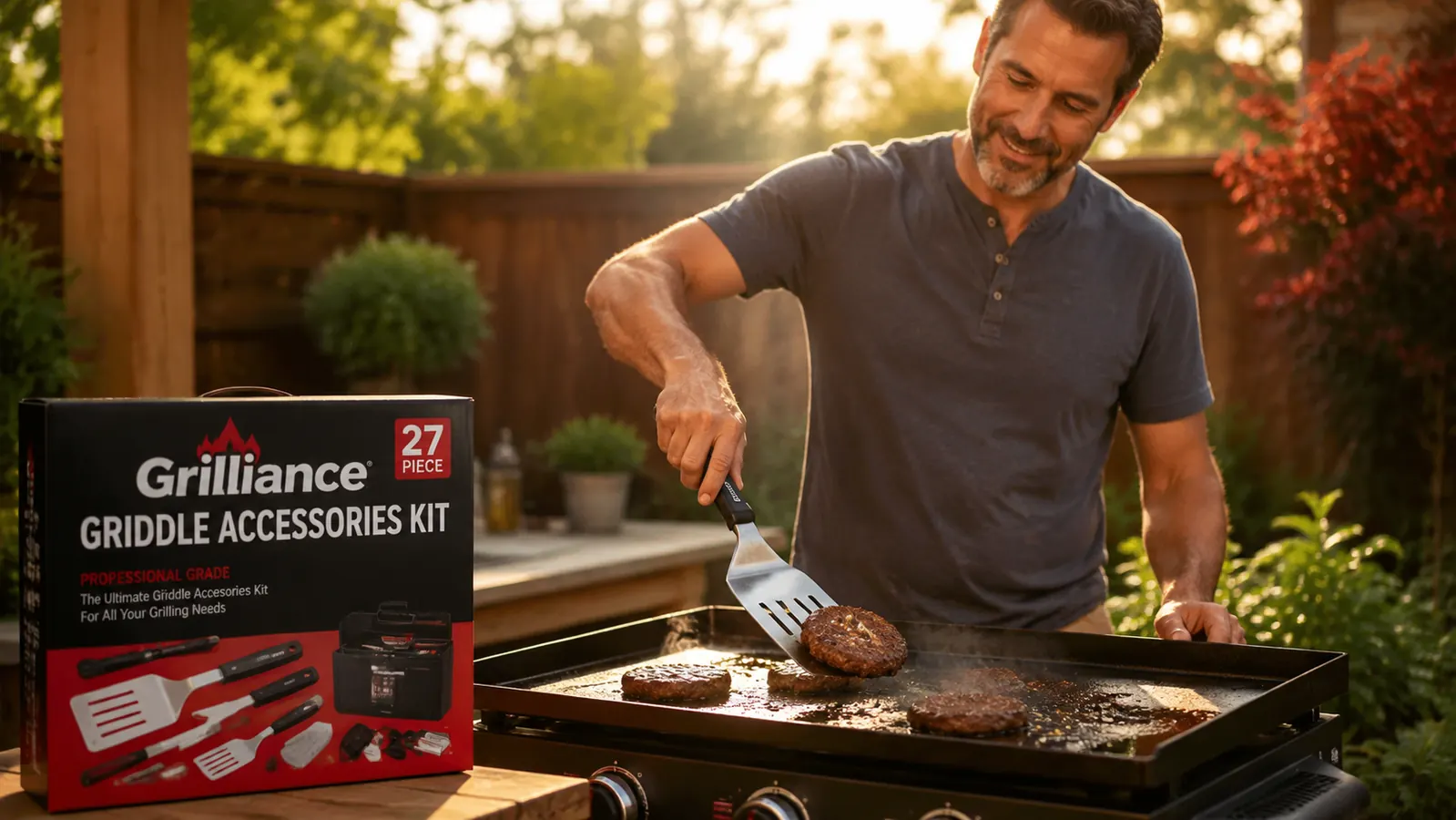 Grilliance 27-piece griddle accessories kit laid out next to a Blackstone flat top griddle