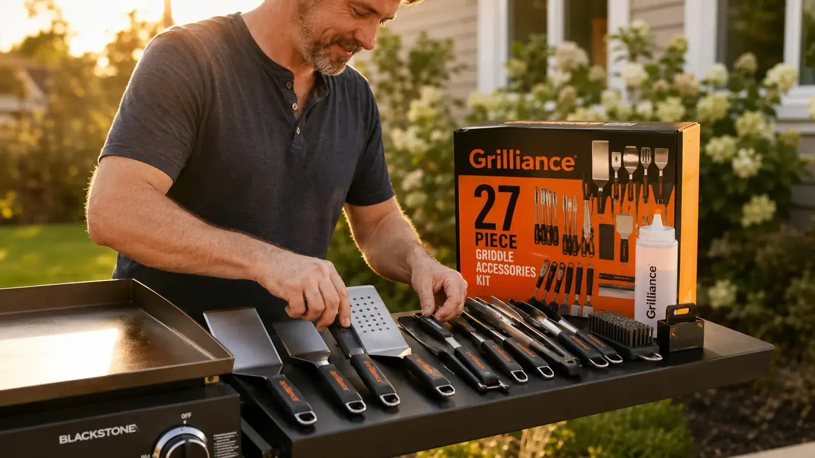 Smash burger being pressed on a flat top griddle using a burger press with a basting cover over it