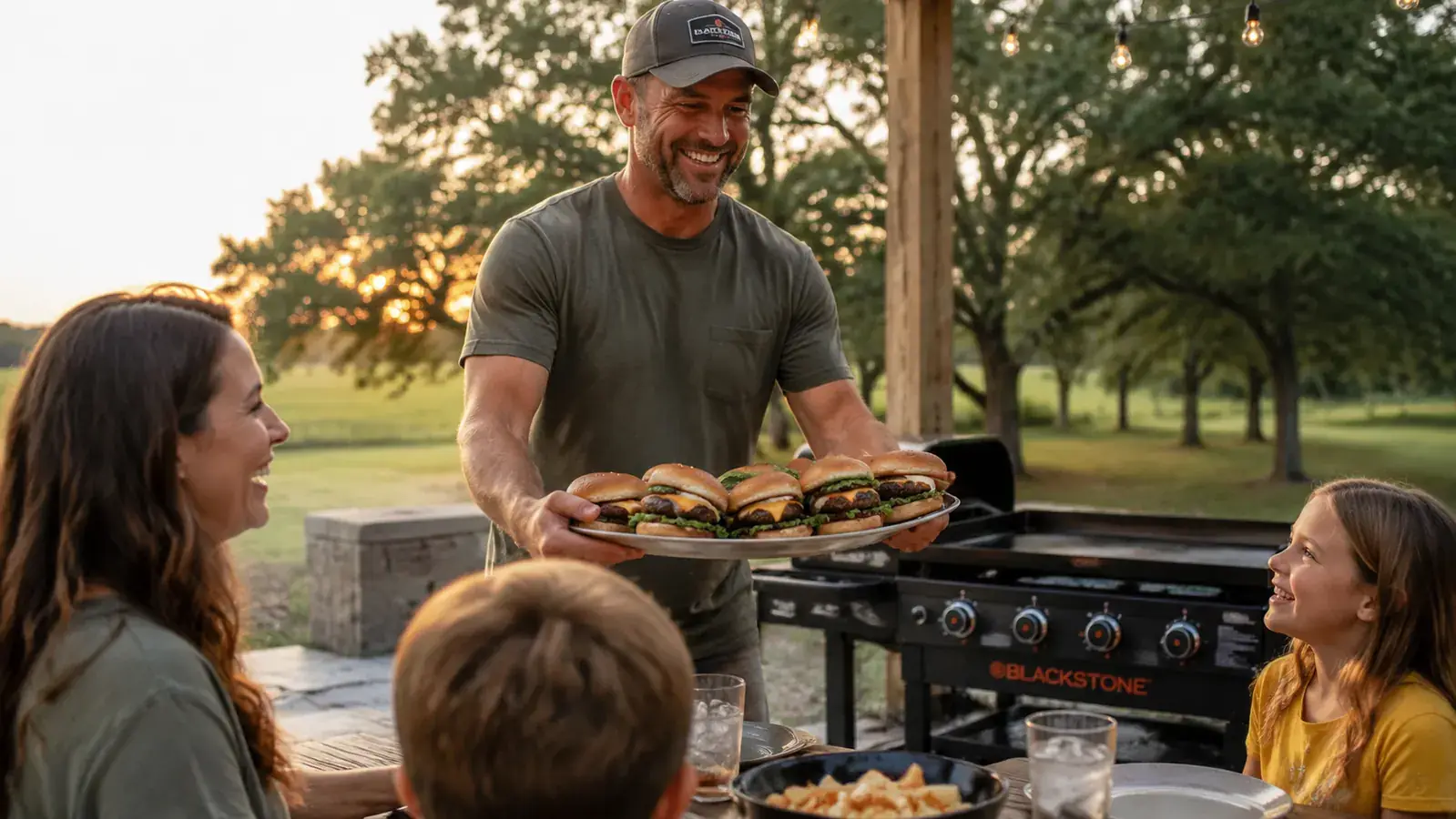 Backyard cookout scene with family gathered around a Blackstone griddle loaded with smash burgers and vegetables