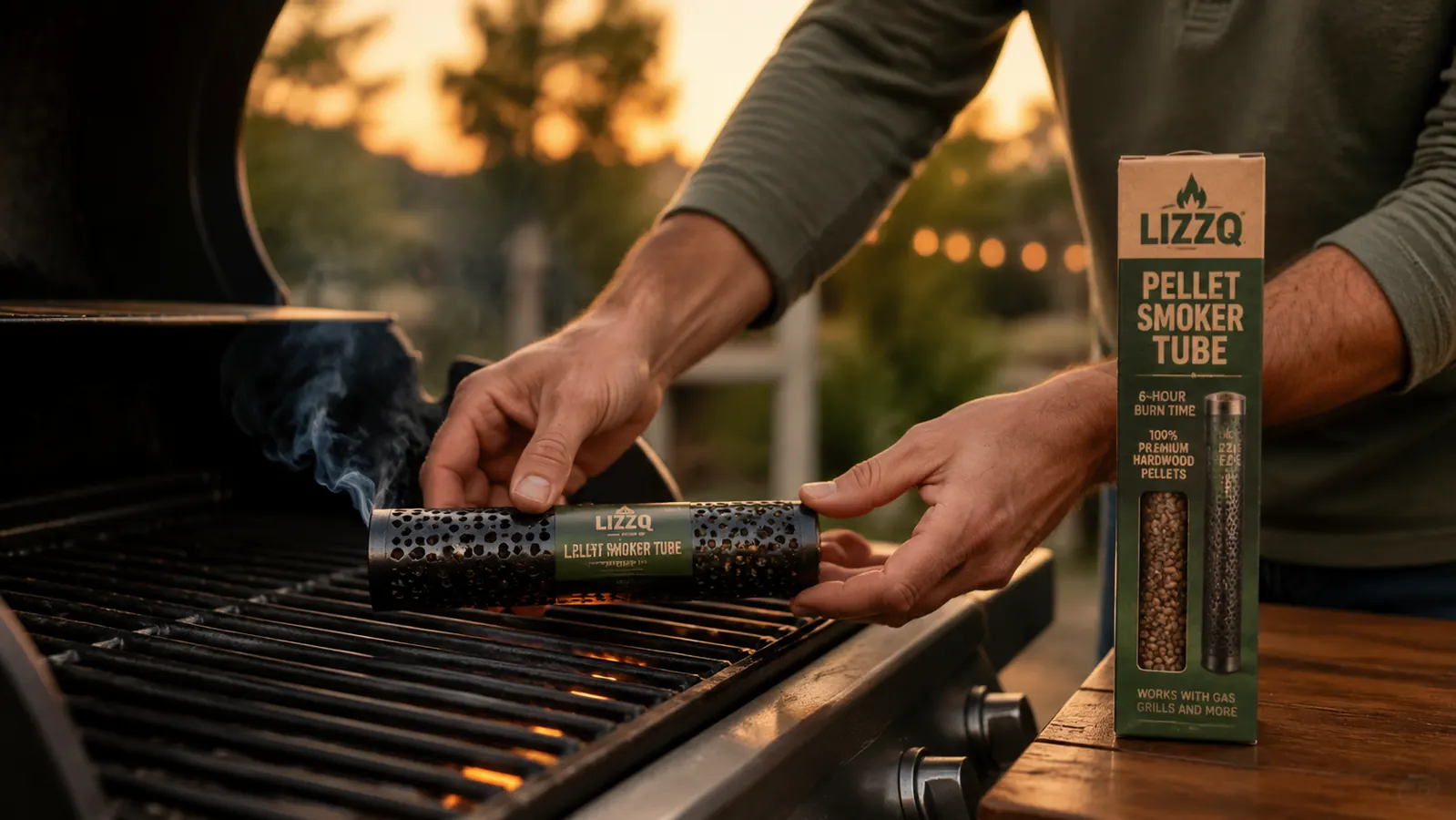 Hand filling a pellet smoker tube with hickory wood pellets over a backyard grill