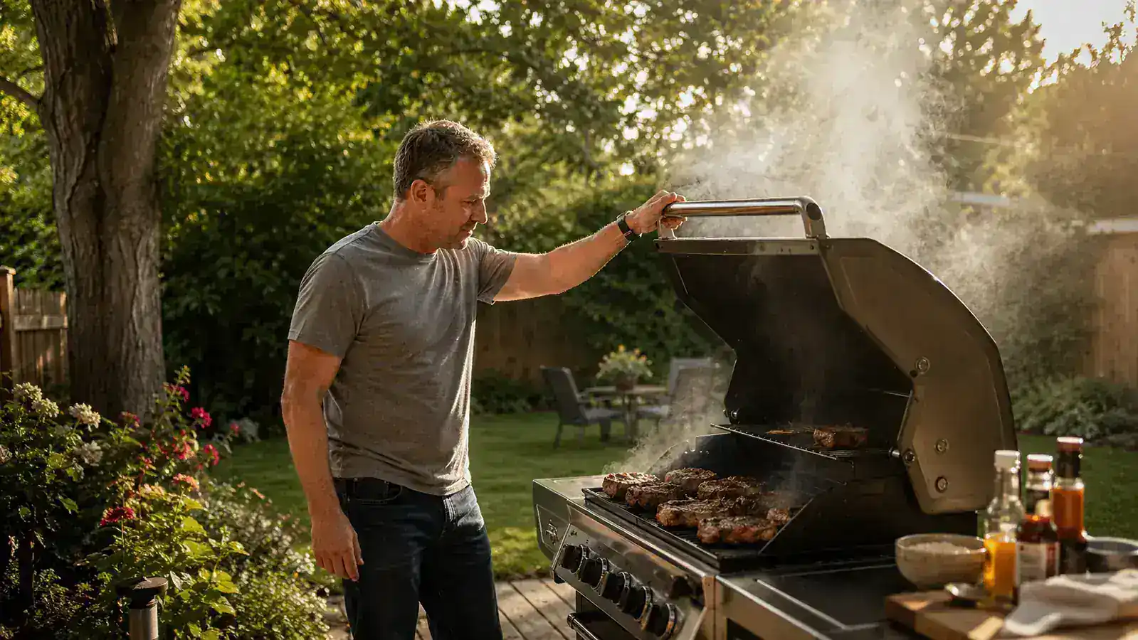 A stainless steel pellet smoker tube glowing with smoke on a gas grill grate at dusk, ribs visible in background