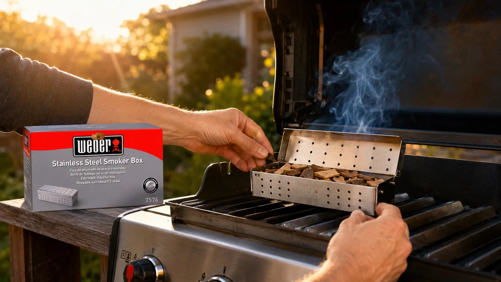 Weber stainless steel smoker box filled with wood chips sitting over a gas grill burner