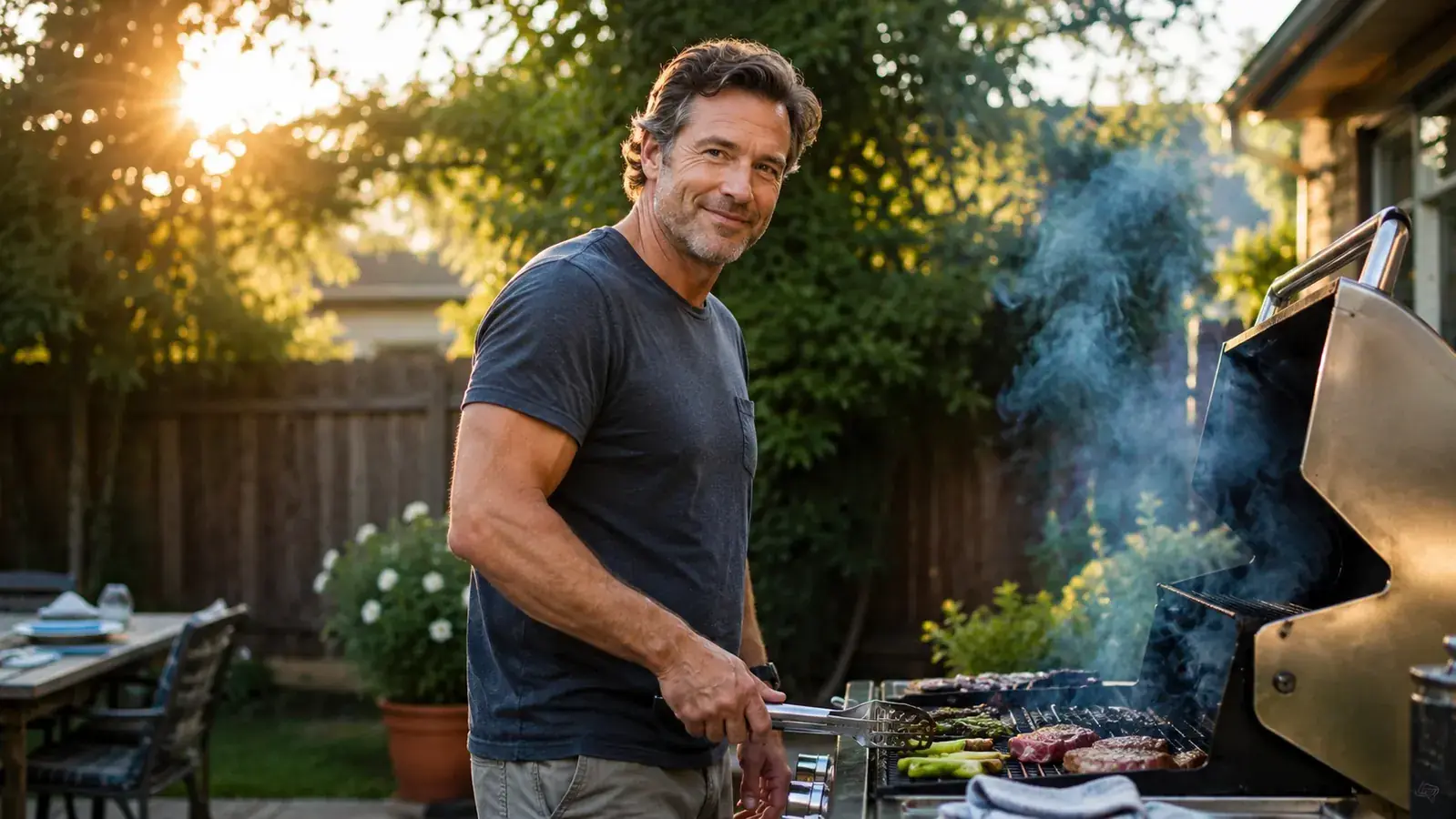 Backyard gas grill with thick white wood smoke rolling out from under the lid on a sunny afternoon