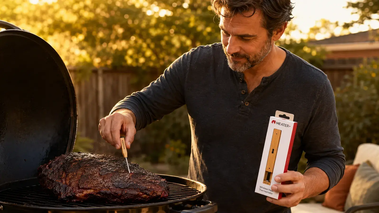 MEATER Plus wireless thermometer probe inserted into a thick ribeye steak on a grill
