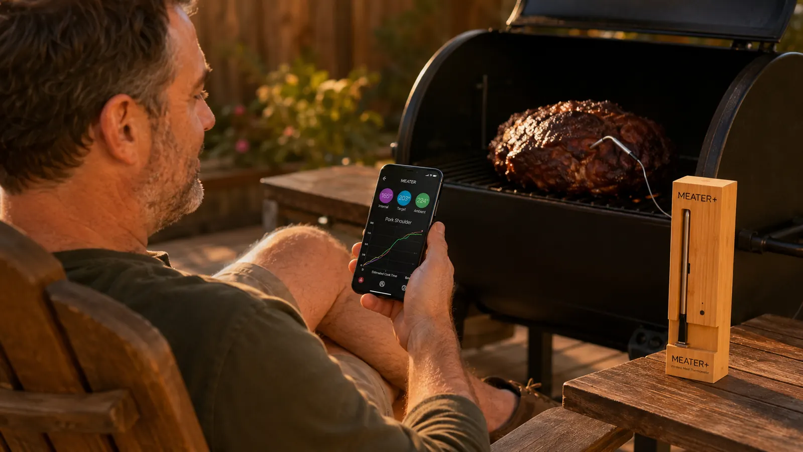 Phone screen showing the MEATER app temperature graph and estimated finish time for a pork shoulder cook