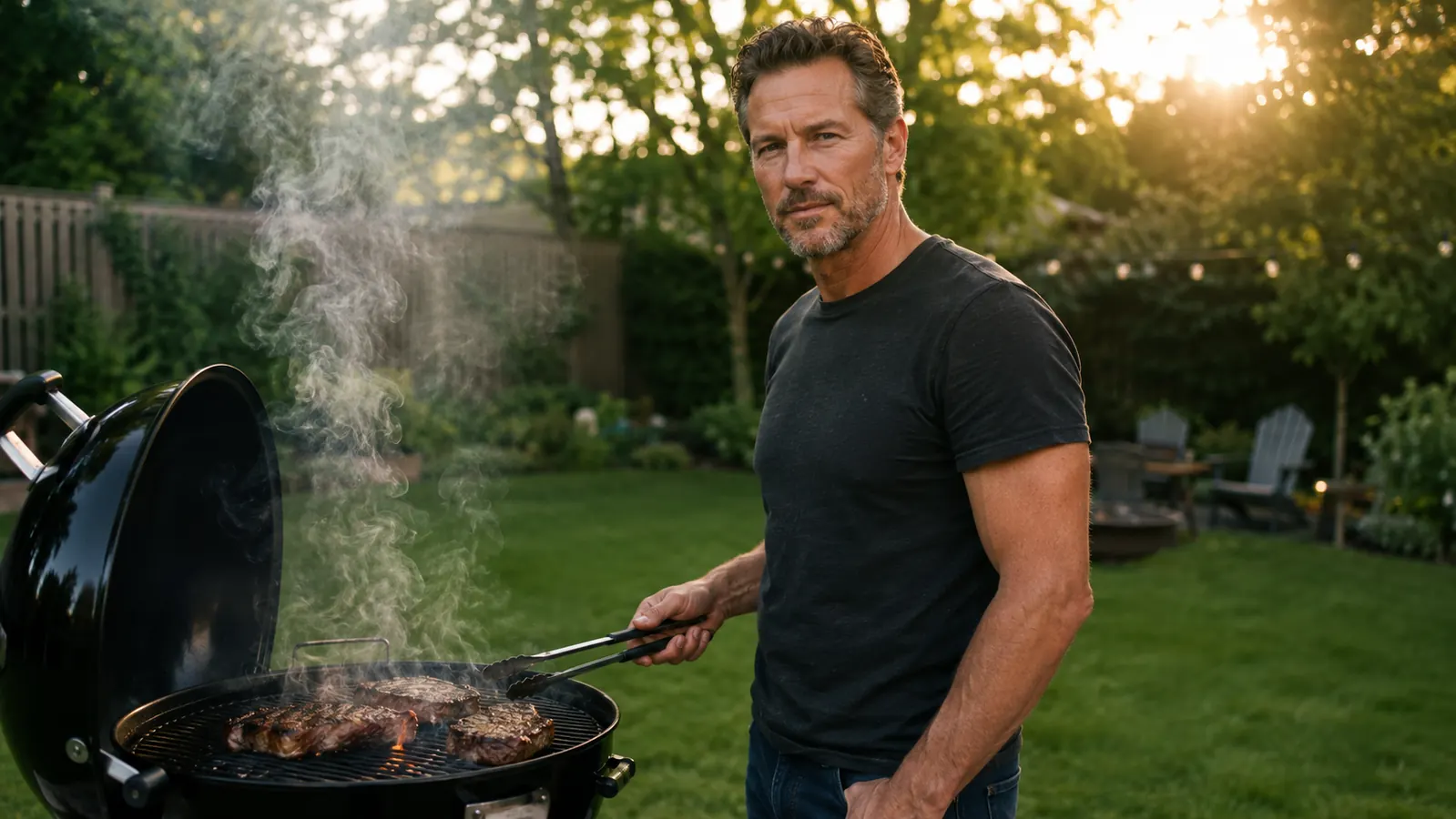 Backyard pitmaster checking his phone while a brisket smokes on the grill, MEATER Plus probe visible in the meat