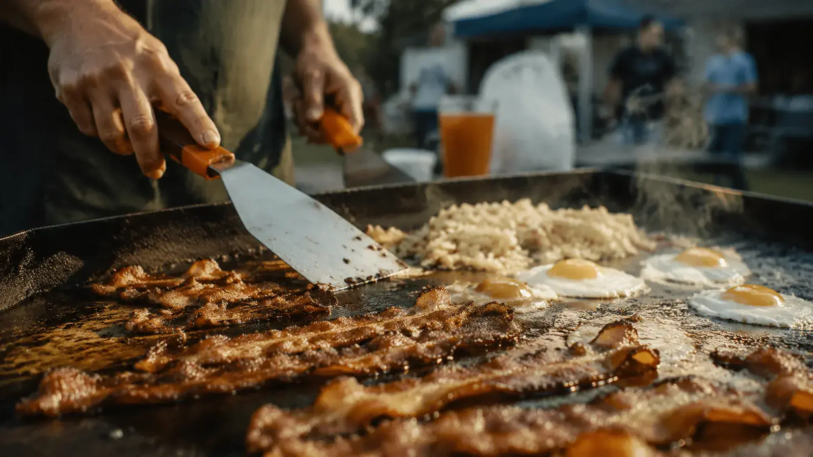 Grilliance 27-piece griddle kit contents spread out and sorted into groups on a concrete outdoor prep surface, bright daylight