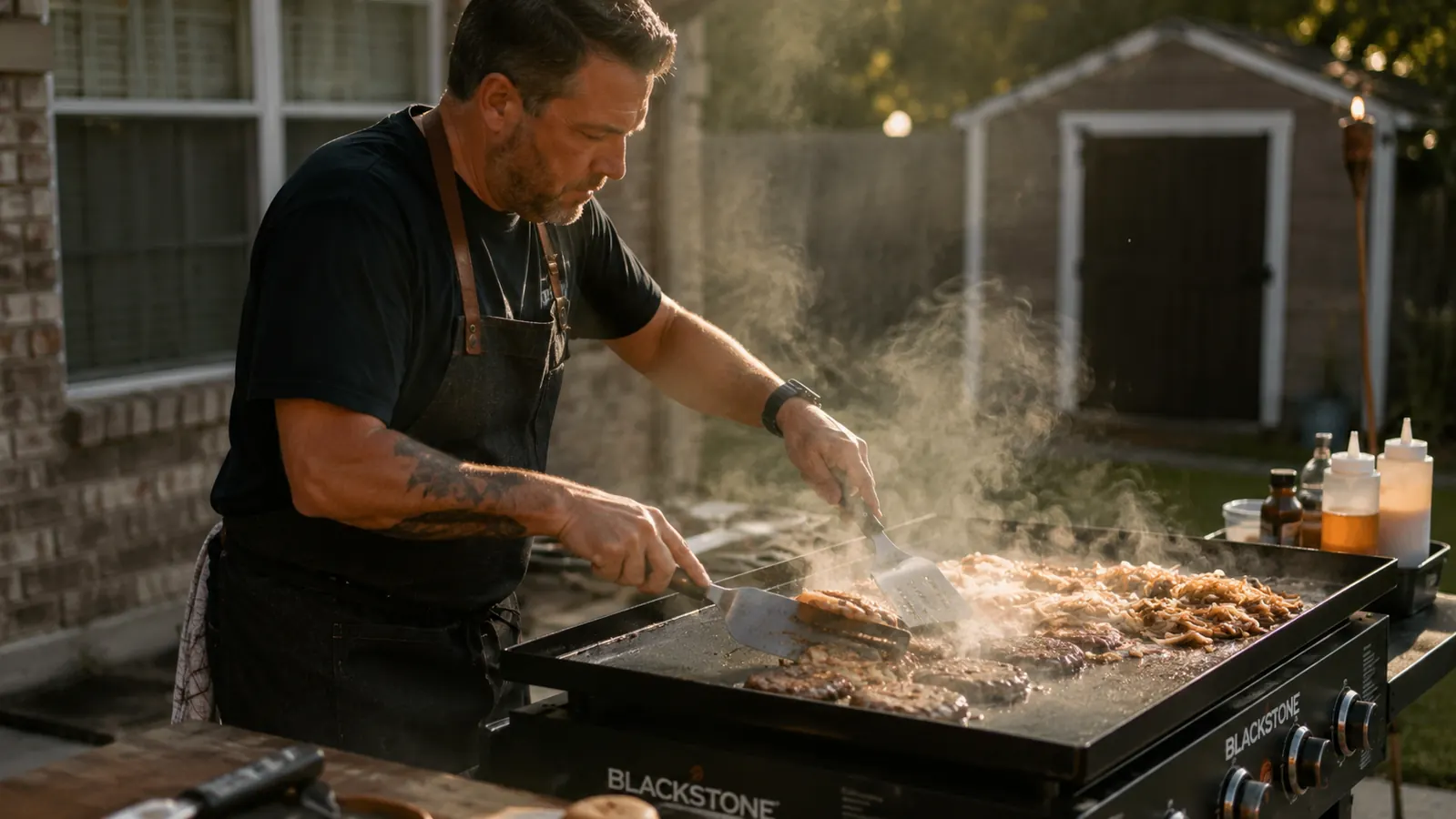 The Grilliance 27-piece griddle kit laid out on a worn wooden outdoor prep table next to a Blackstone flat top griddle, morning light