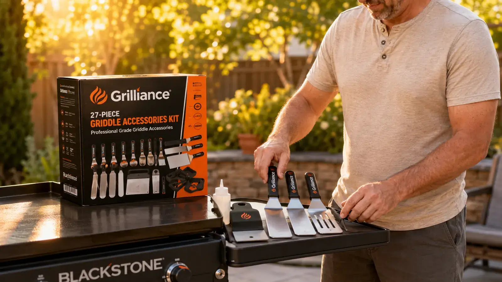 Hand holding the Grilliance spatula while pressing a smash burger on a hot flat top griddle