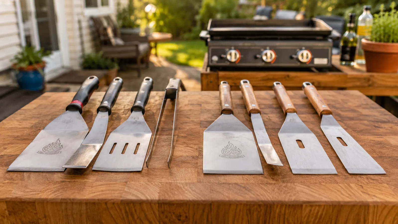 Two griddle tool sets laid out side by side on a wooden outdoor prep table next to a flat top griddle