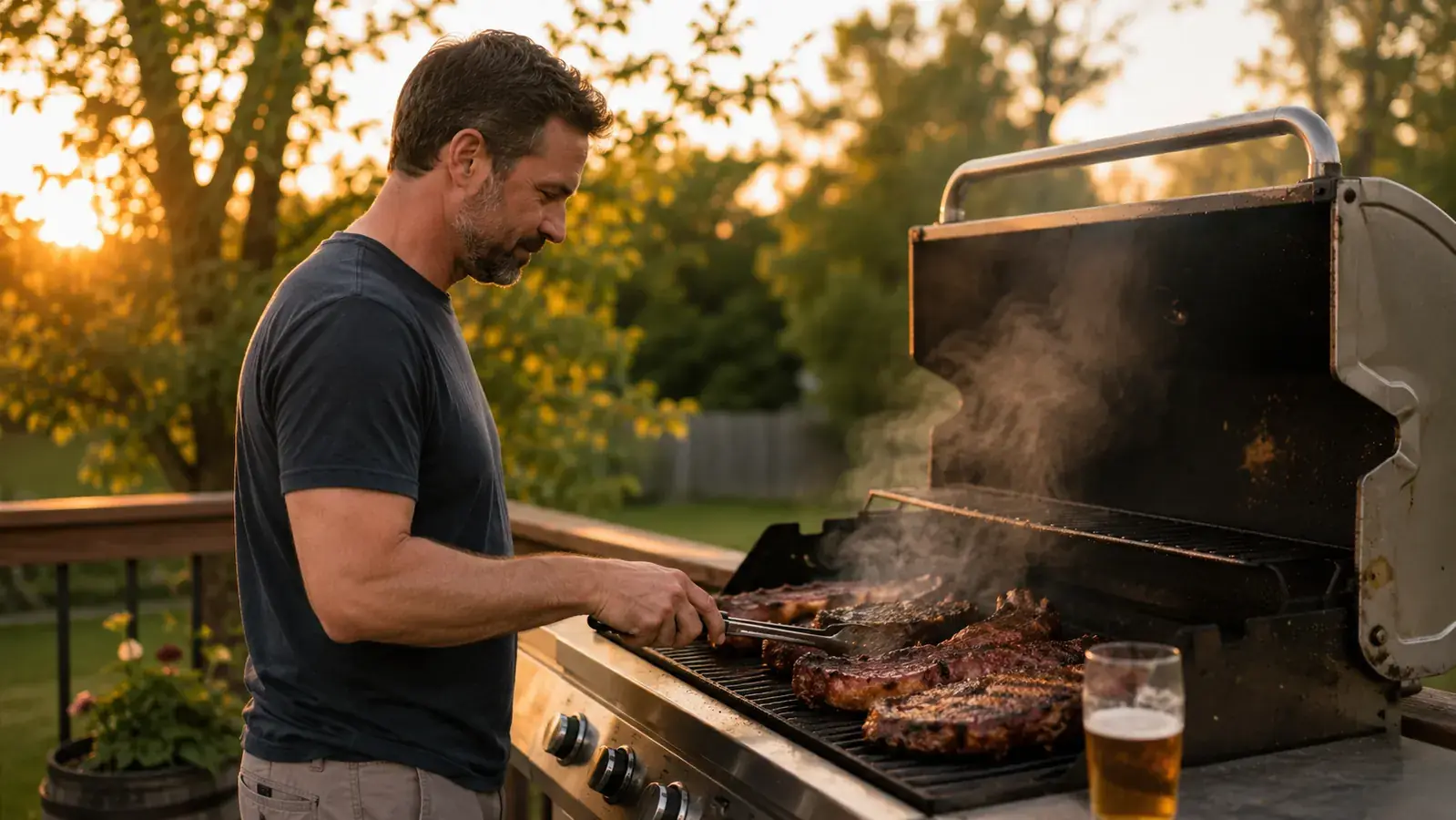 A backyard griller lifting the lid of a smoking charcoal grill at golden hour, smoke curling into the evening light