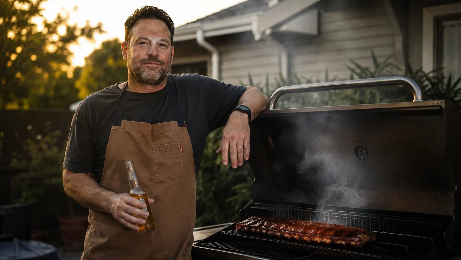Backyard gas grill with wisps of white smoke rising from the grate on a warm evening, a beer bottle resting on the side shelf