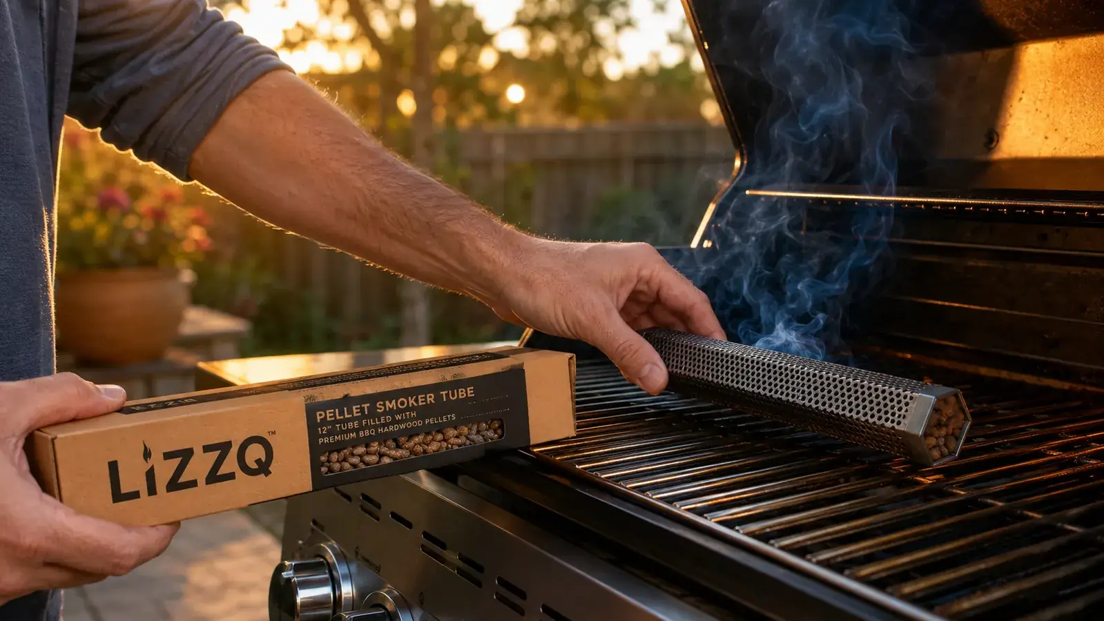 Torch lighter igniting the end of a pellet smoker tube until pellets glow orange