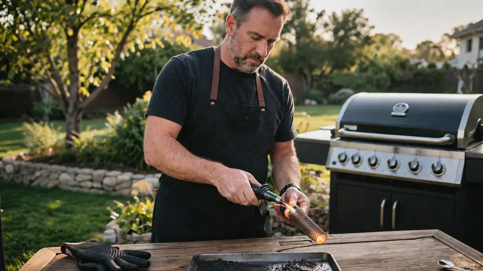 Pellet smoker tube on a gas grill grate with thick white smoke rolling across chicken thighs at dusk