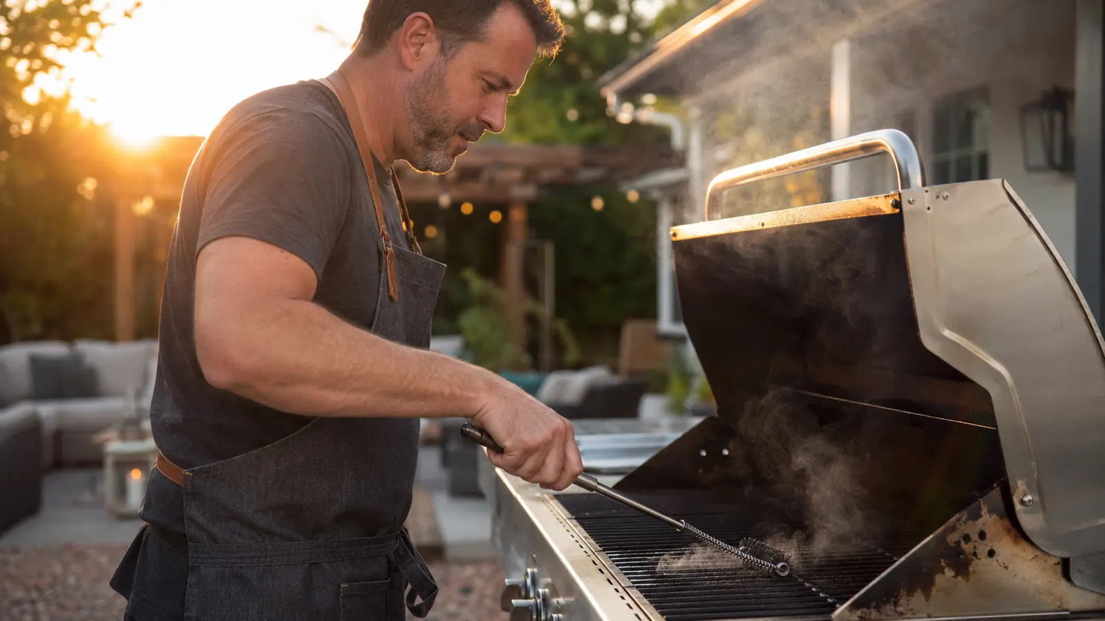 Backyard pitmaster cleaning cast iron grill grates at dusk with a bristle-free brush, charcoal glowing orange underneath