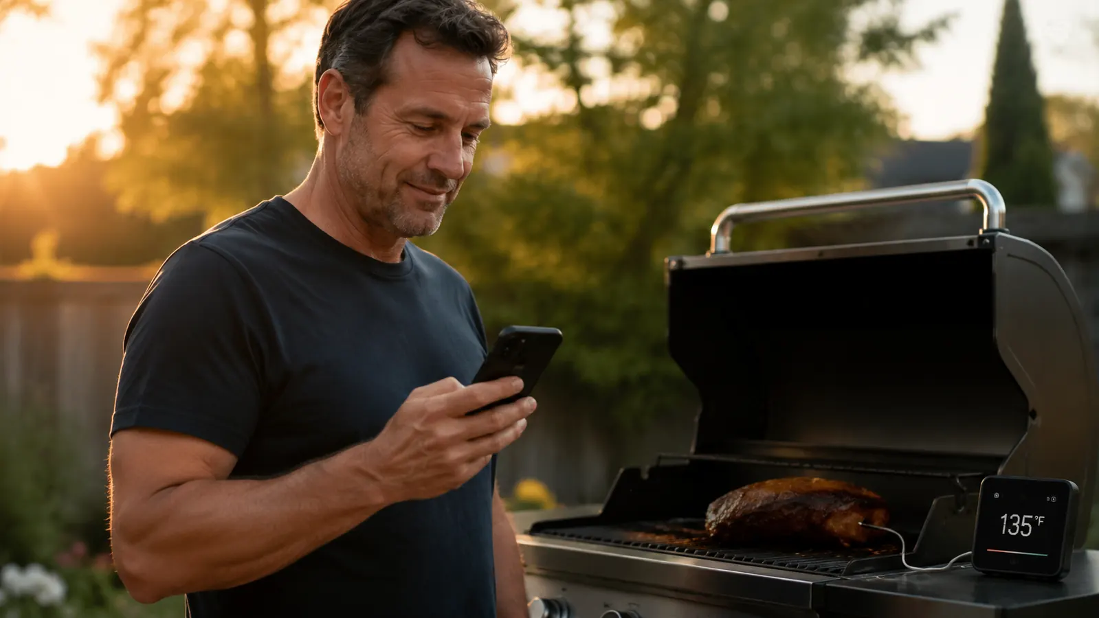 MEATER Plus probe inserted in a thick pork shoulder on a charcoal grill, smoke rising in soft afternoon light
