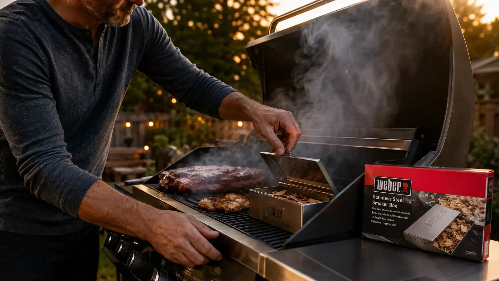 Overhead view of a hand filling a Weber smoker box with dry hickory wood chips from a small bag