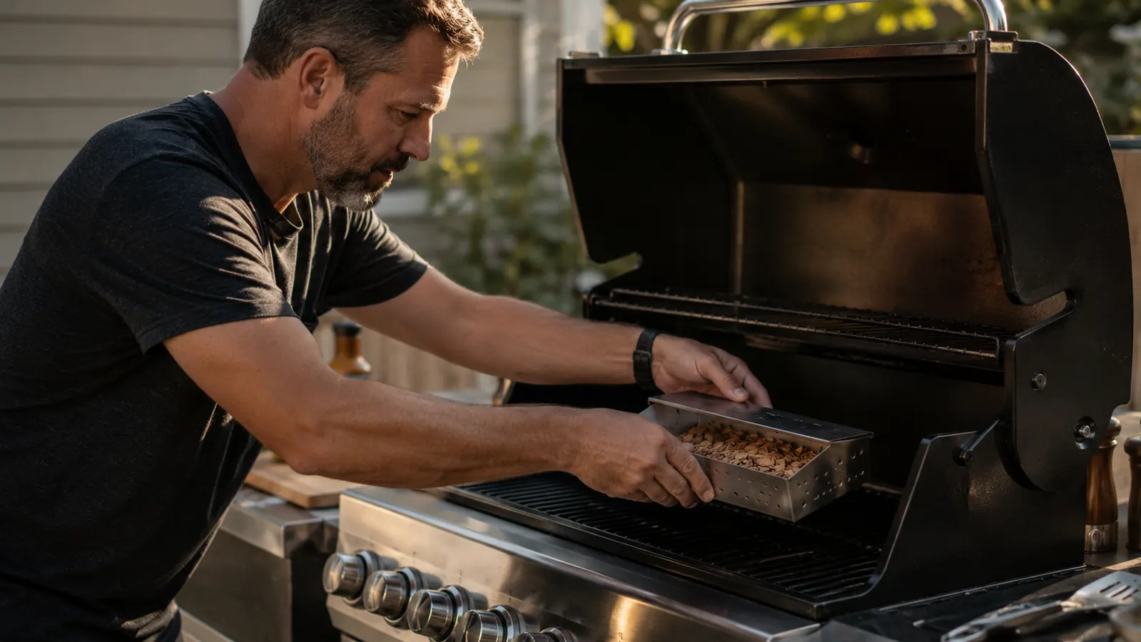 Gas grill on a backyard patio with a stainless steel smoker box resting over a burner, wisps of wood smoke rising from the lid