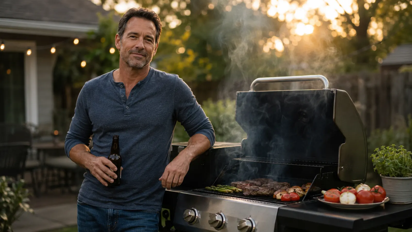 Propane gas grill with smoke drifting from the grates on a sunny backyard patio, hickory wood chips nearby
