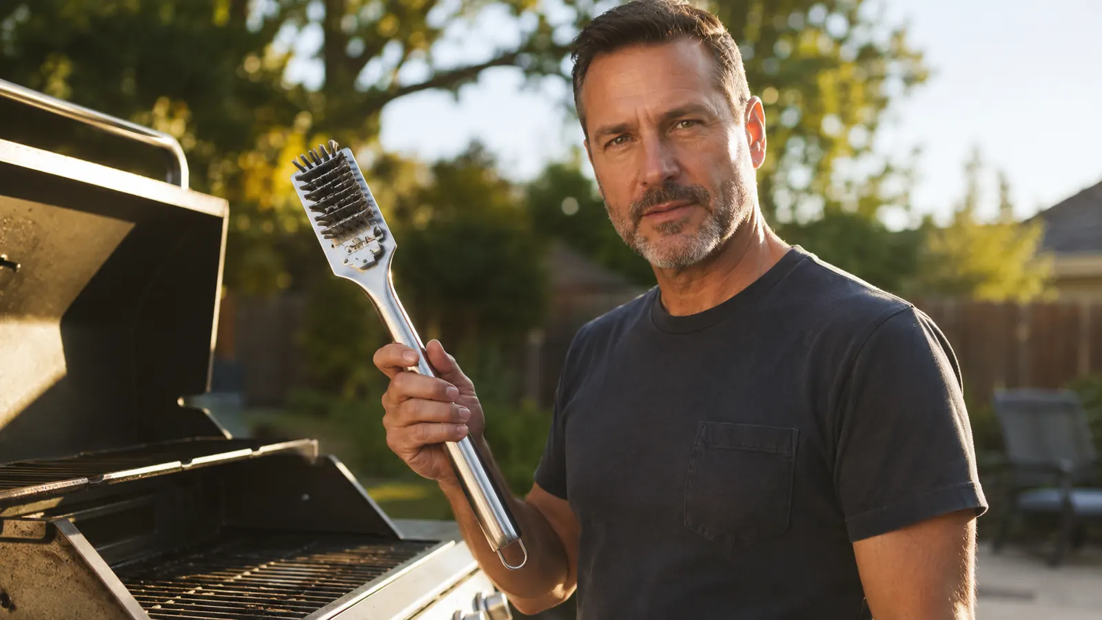 Kona bristle-free grill brush resting on the edge of a gas grill with charred grates in the background, late afternoon backyard light