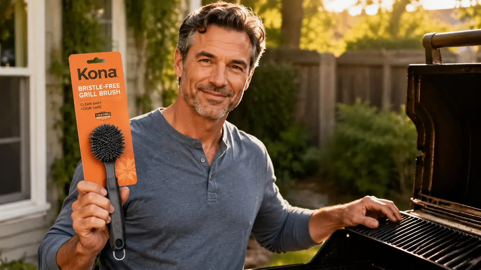 The Kona bristle-free grill brush being used to scrub charred grates