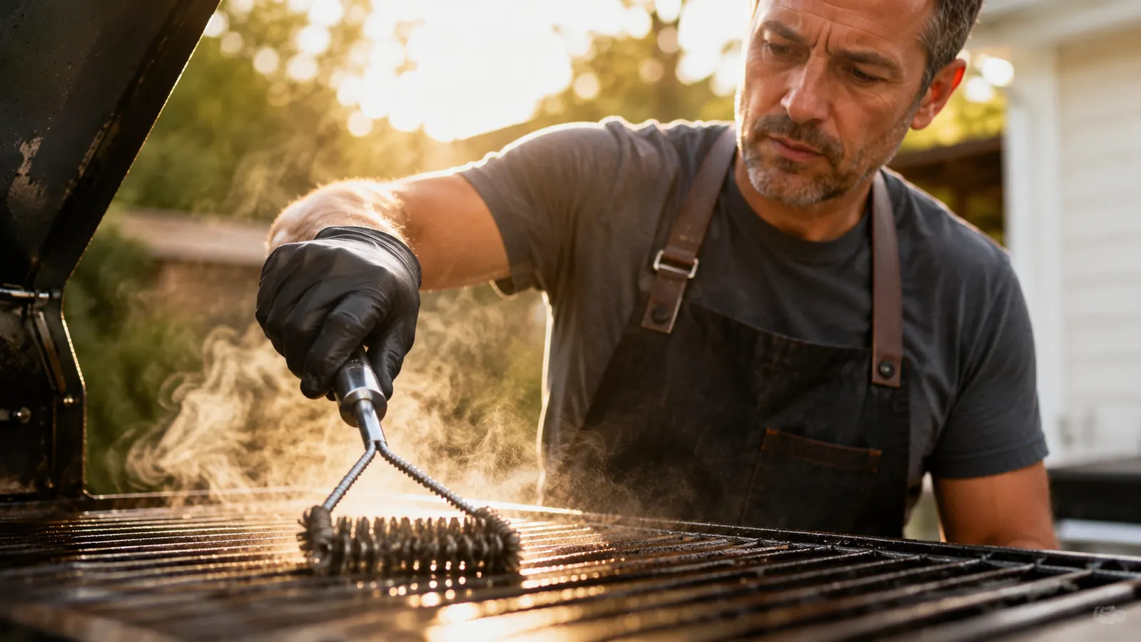 Backyard grill with charred grates being cleaned at dusk, tongs and brush on side shelf