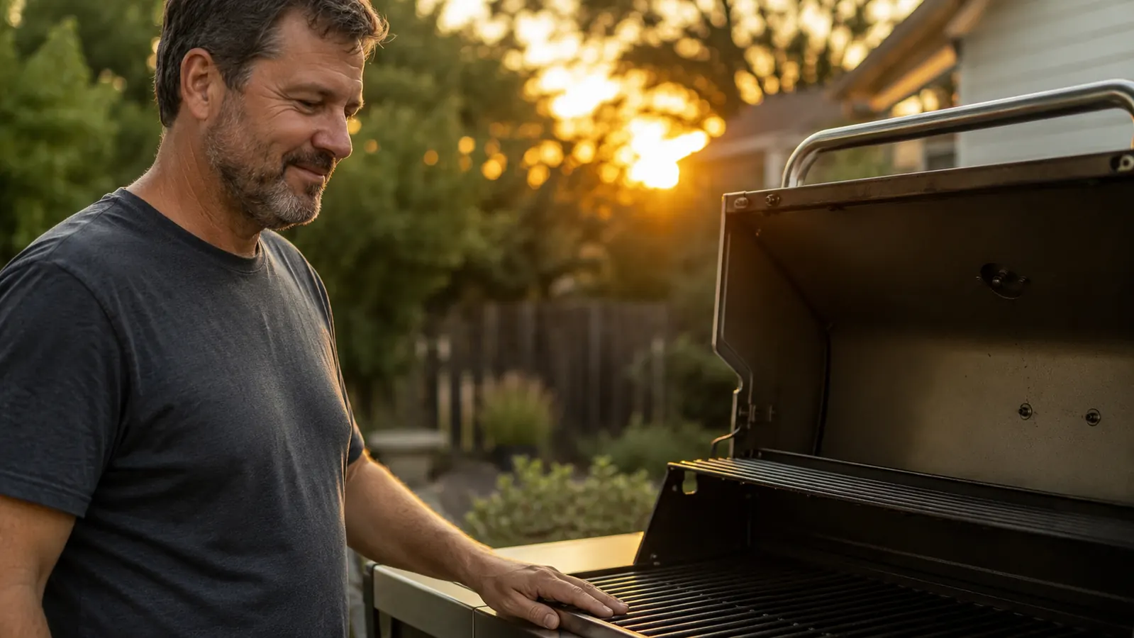 Clean stainless grill grates after brushing, steam rising from residual heat, backyard summer cookout scene