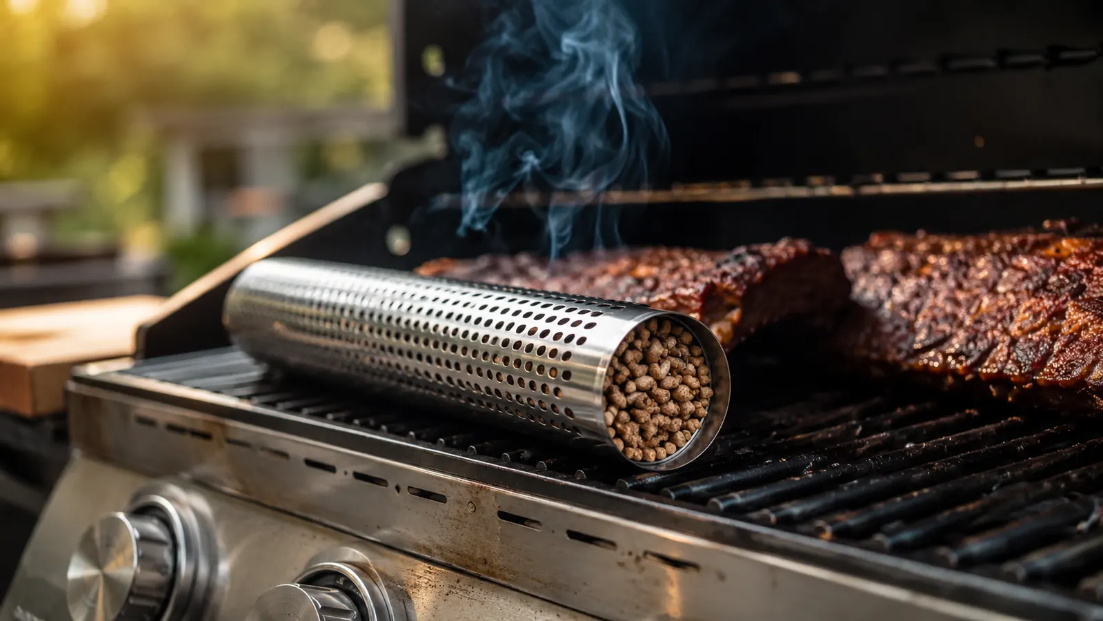 LIZZQ 12-inch stainless pellet smoker tube resting on a gas grill grate with smoke curling up from the perforated barrel