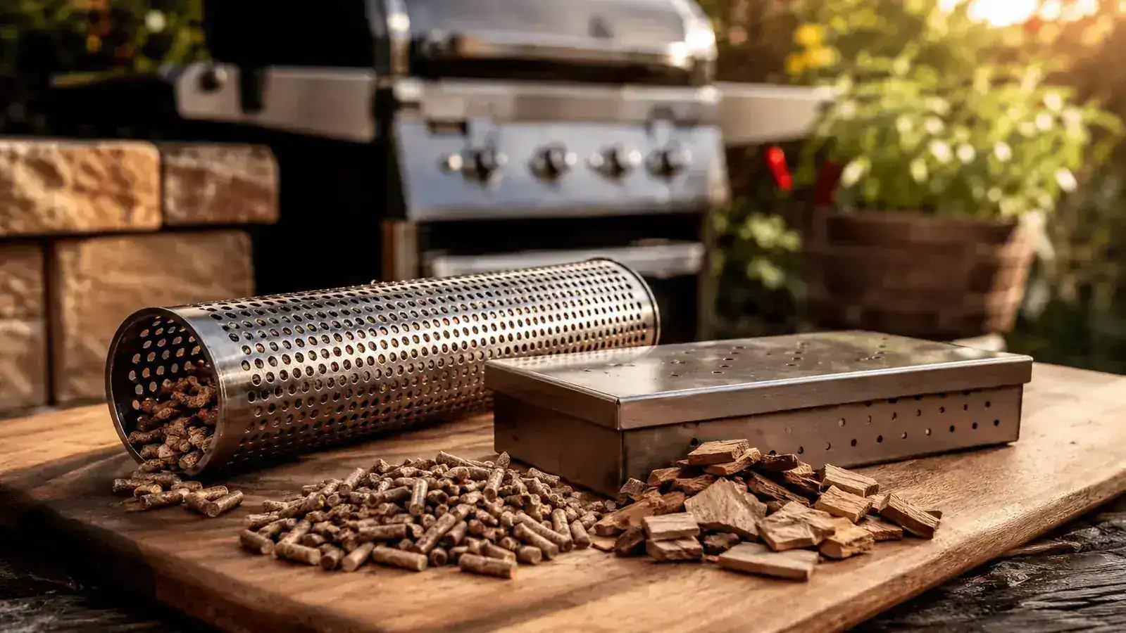 LIZZQ pellet smoker tube resting on gas grill grates next to a Weber smoker box, both sitting over a low flame in a backyard setting