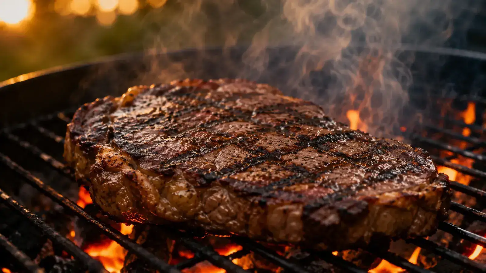 MEATER Plus wireless probe resting on a grill side table next to a smartphone showing the MEATER app cook screen, charcoal smoke visible in the background