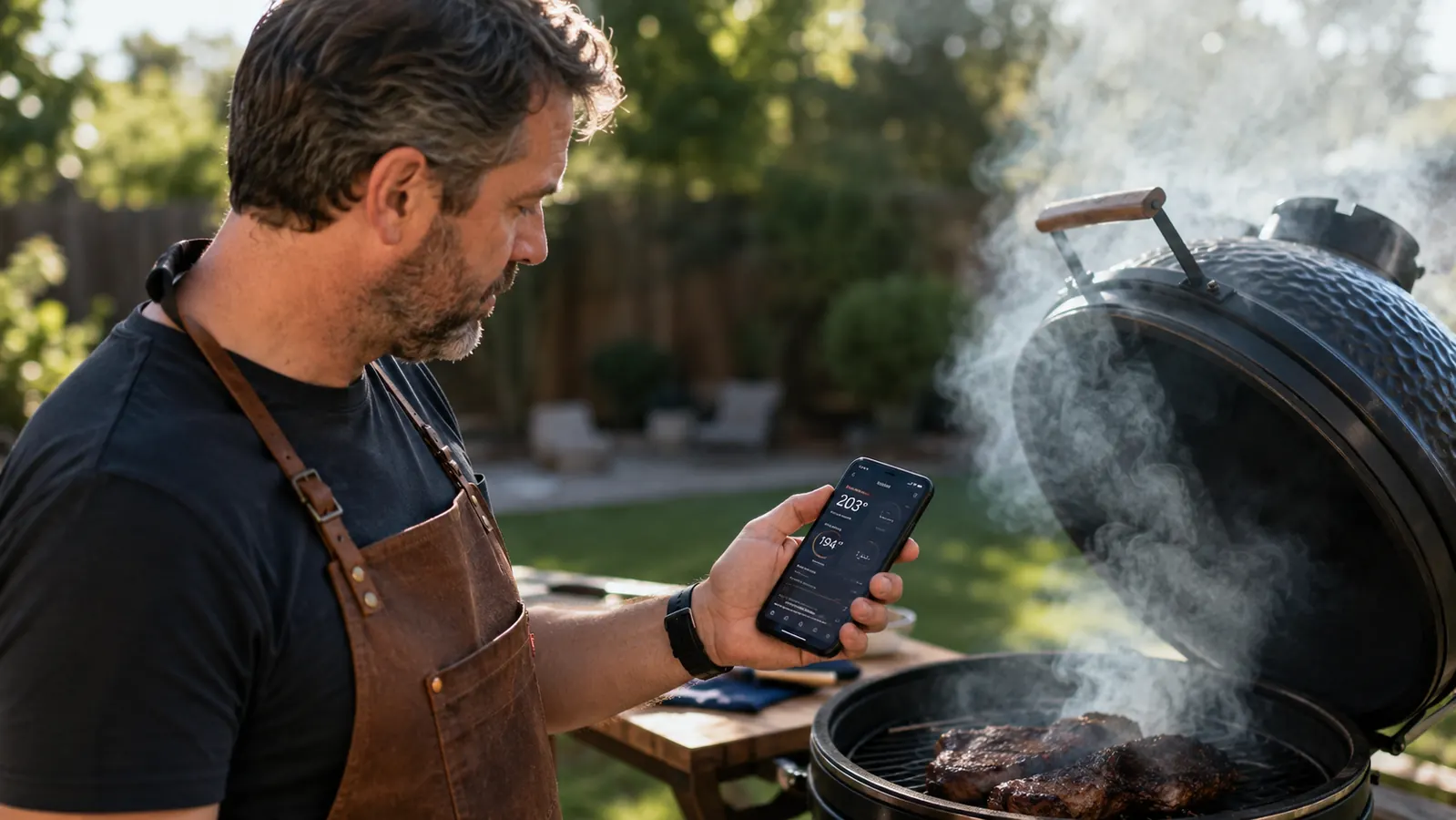 Sliced pork shoulder with deep pink smoke ring on a butcher paper sheet spread on a picnic table surrounded by family at a backyard cookout