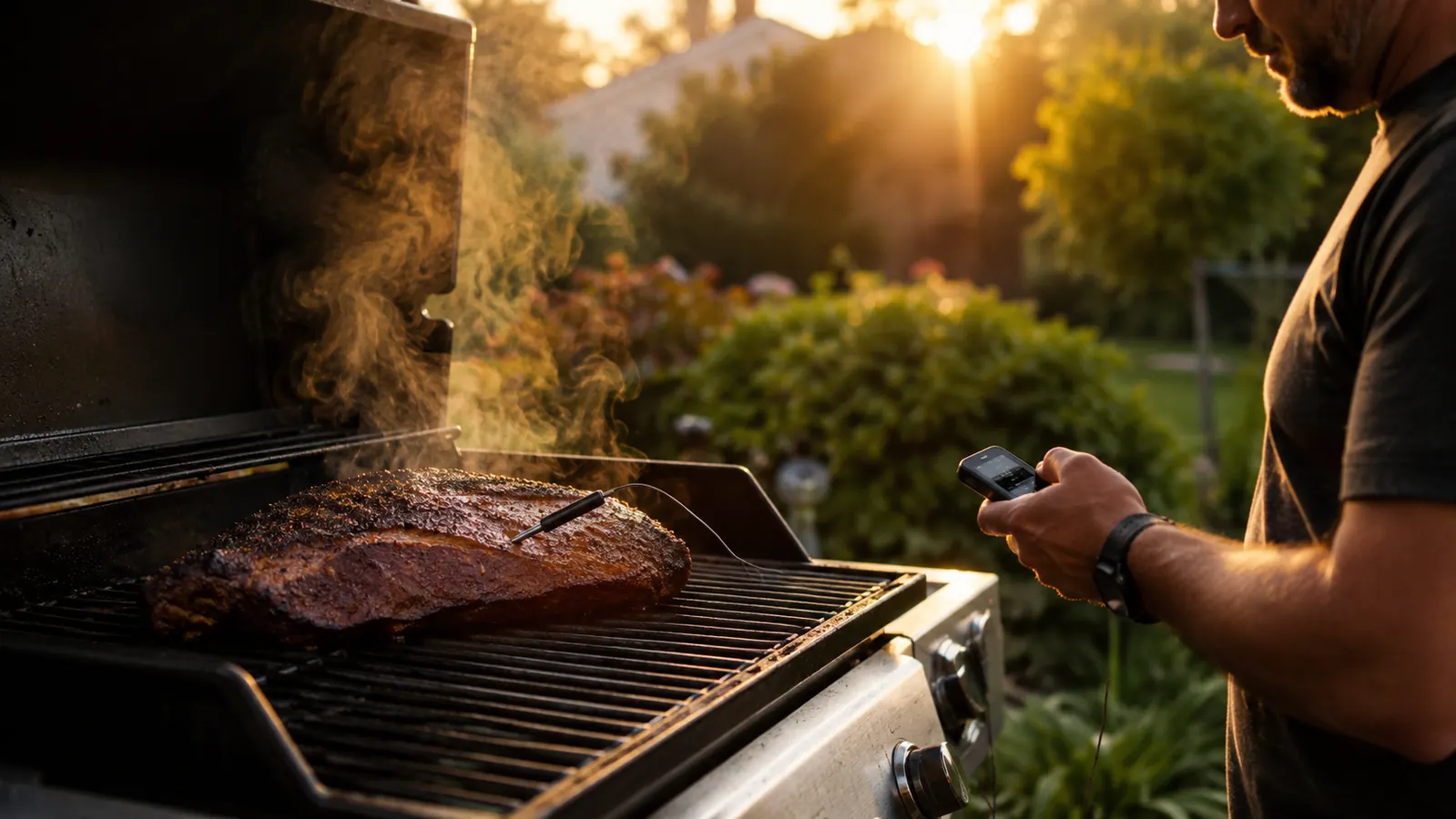 MEATER Plus wireless meat thermometer probed into a pork shoulder on a charcoal kettle grill at golden hour, smoke drifting across the grill grates