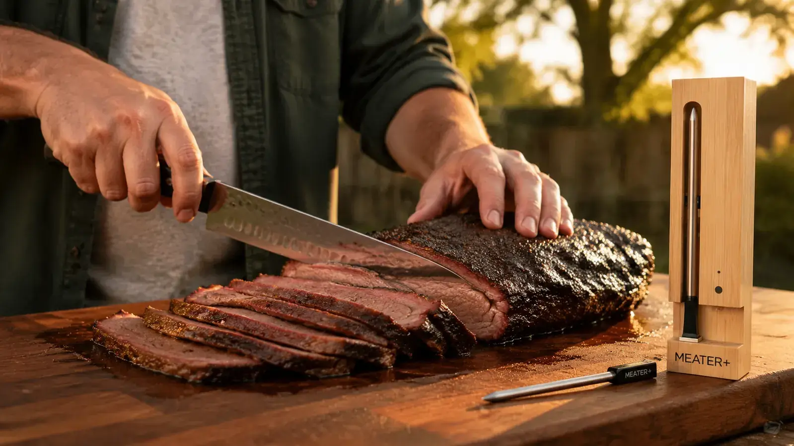 MEATER Plus wireless thermometer probe inserted into a large brisket on dark smoker grates, a smartphone showing a temperature graph propped on the smoker shelf beside it