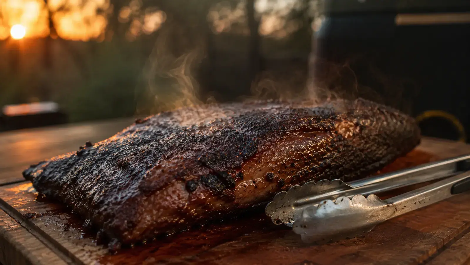 A thick brisket resting on butcher paper on a weathered picnic table outdoors, golden smoke curling in soft afternoon light, backyard setting with an offset smoker visible in the background