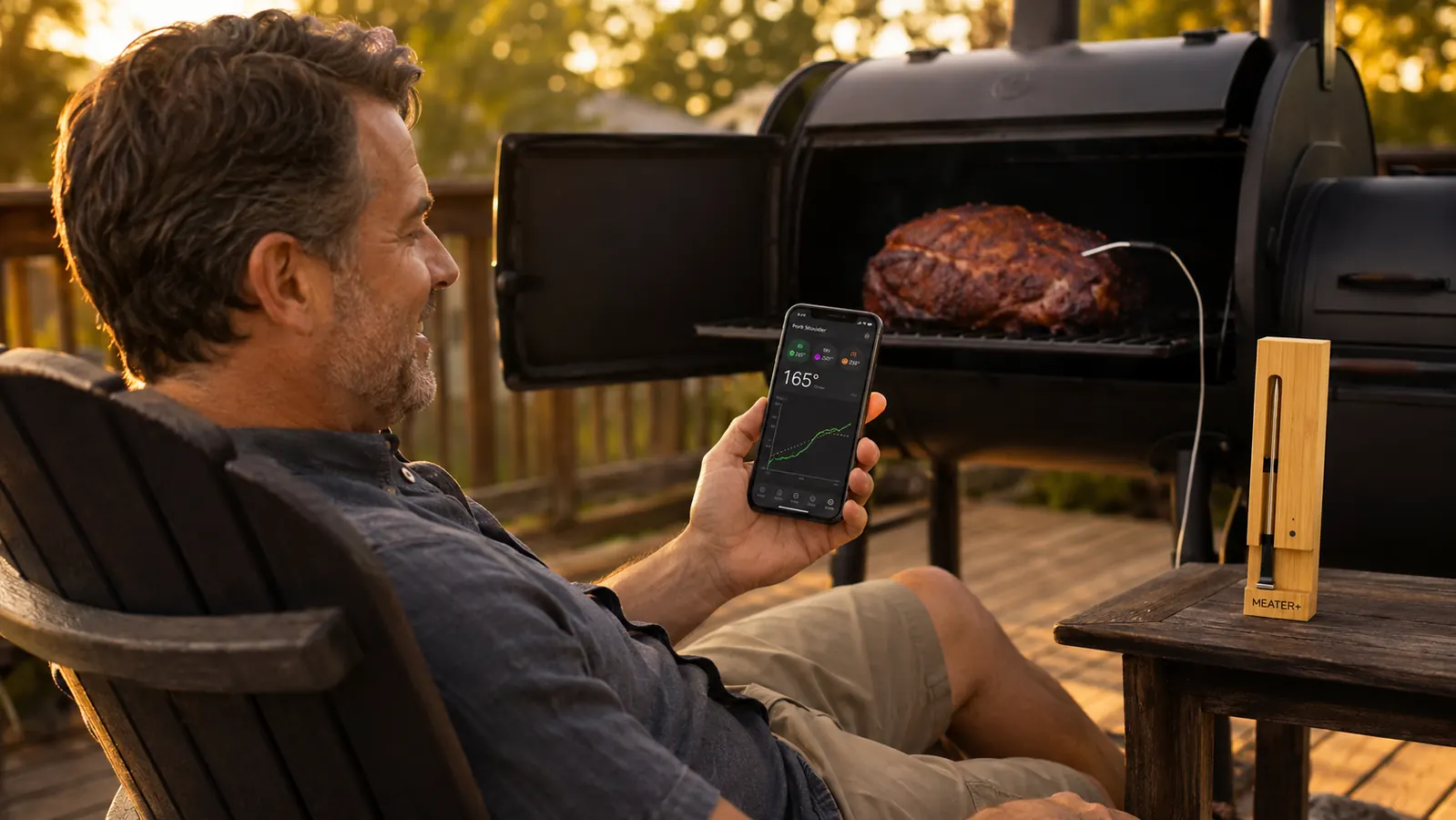 Hand inserting a wireless meat thermometer probe into a thick ribeye steak on a gas grill