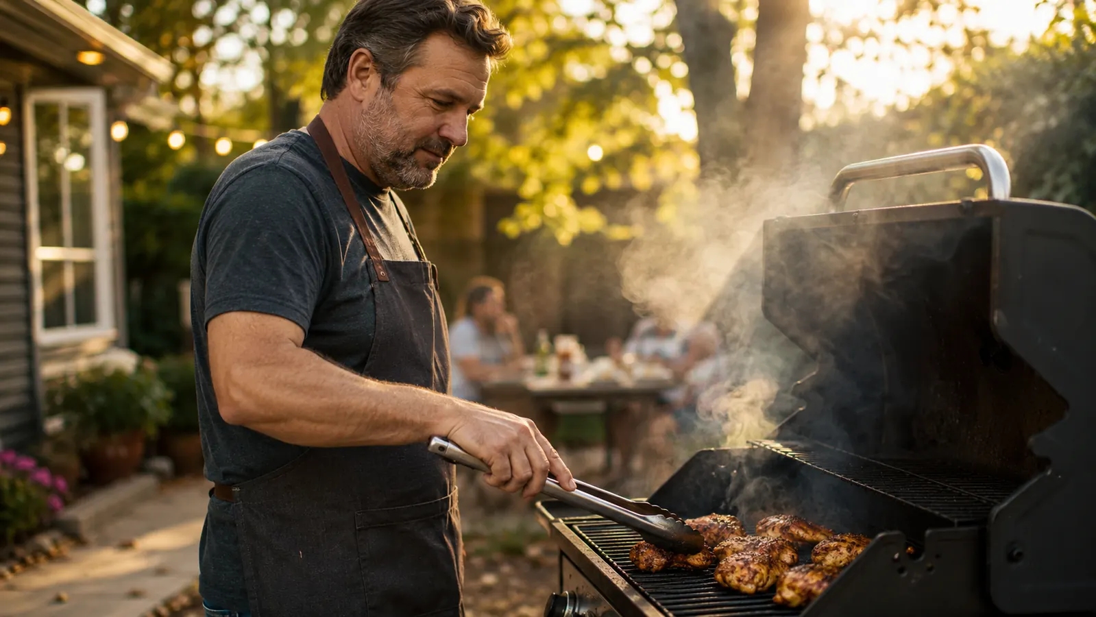 Backyard pitmaster checking a smartphone app showing live meat temperature during a long brisket cook