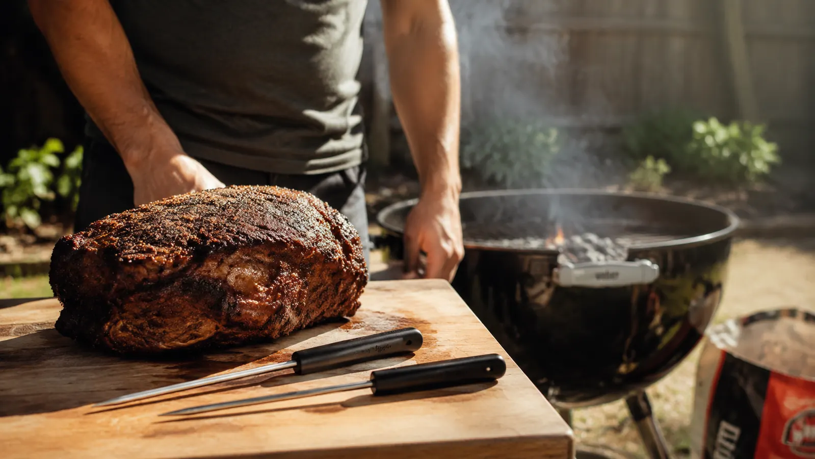 MEATER Plus wireless thermometer probe inserted in a thick pork shoulder on a charcoal grill, smoke rising in warm afternoon light