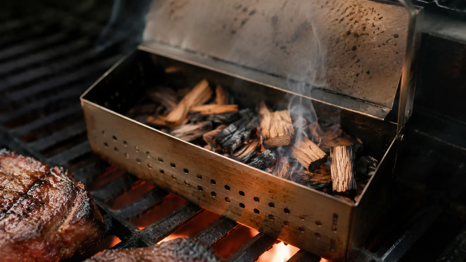 Weber smoker box sitting on a gas grill grate with thin blue smoke rising, backyard fence in soft background