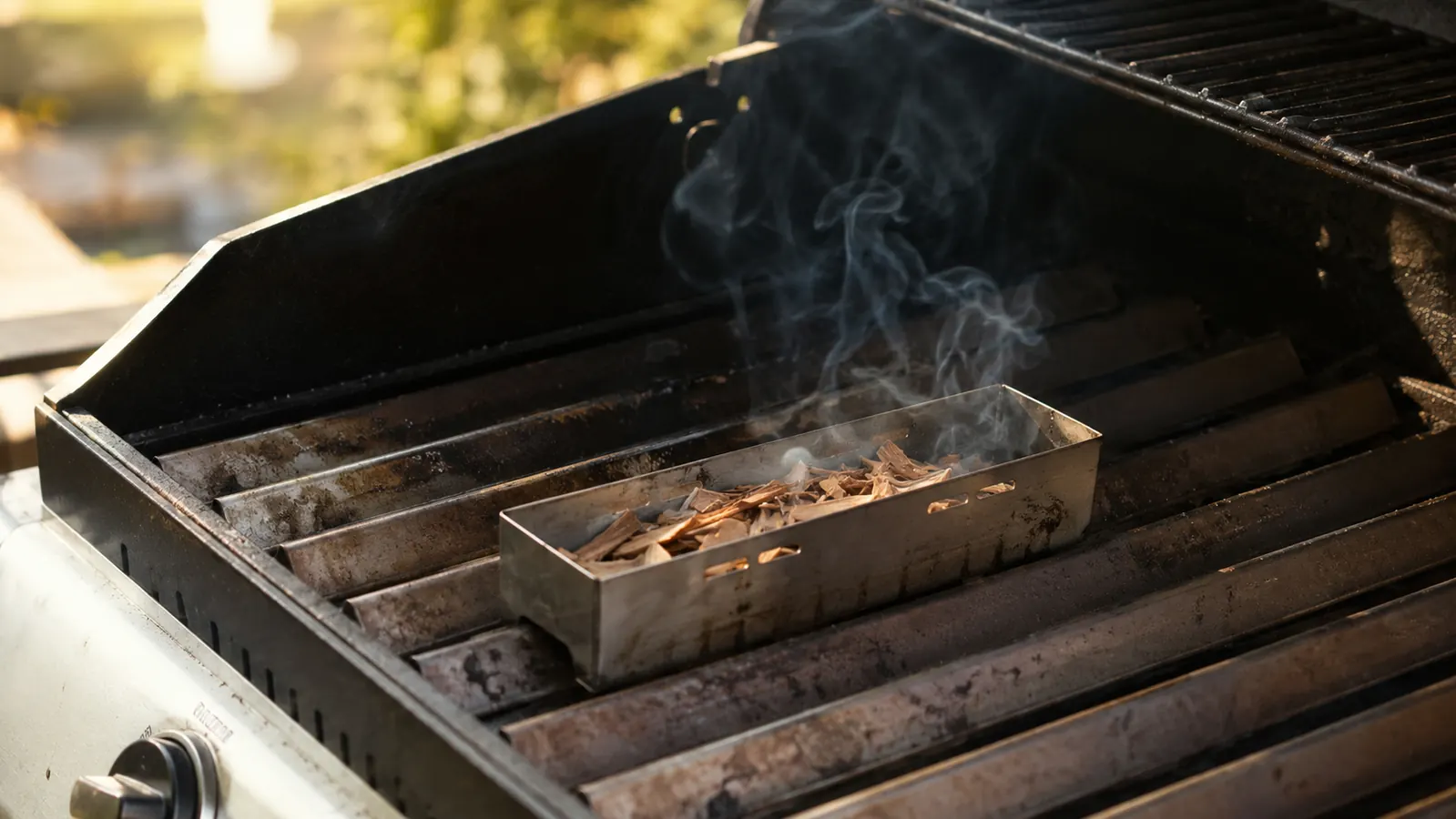 Weber Premium Smoker Box sitting on a gas grill grate with wisps of hickory smoke curling upward on a sunny afternoon