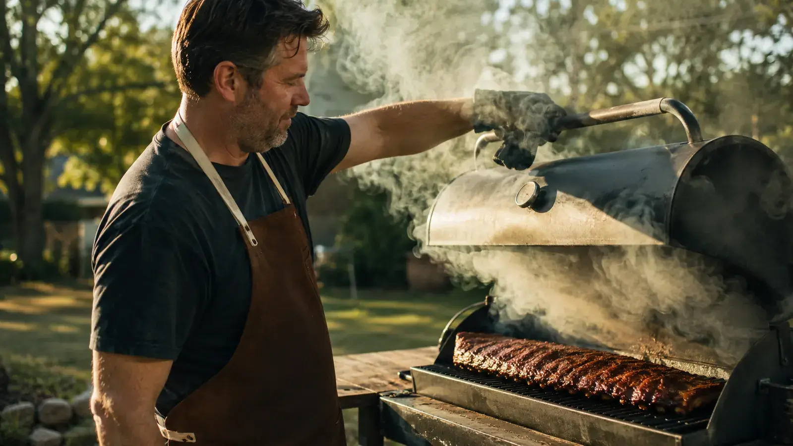 Weber smoker box tucked between the burners of a three-burner gas grill with steaks searing on the grates and visible smoke rising