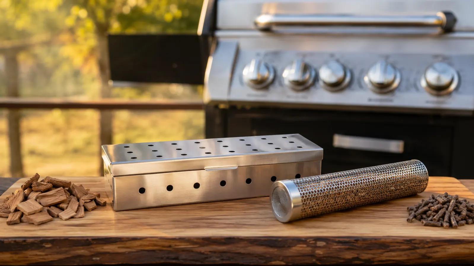 Weber Premium Smoker Box sitting between burners on a gas grill with wood chips beginning to smoke, chicken thighs on the grates nearby
