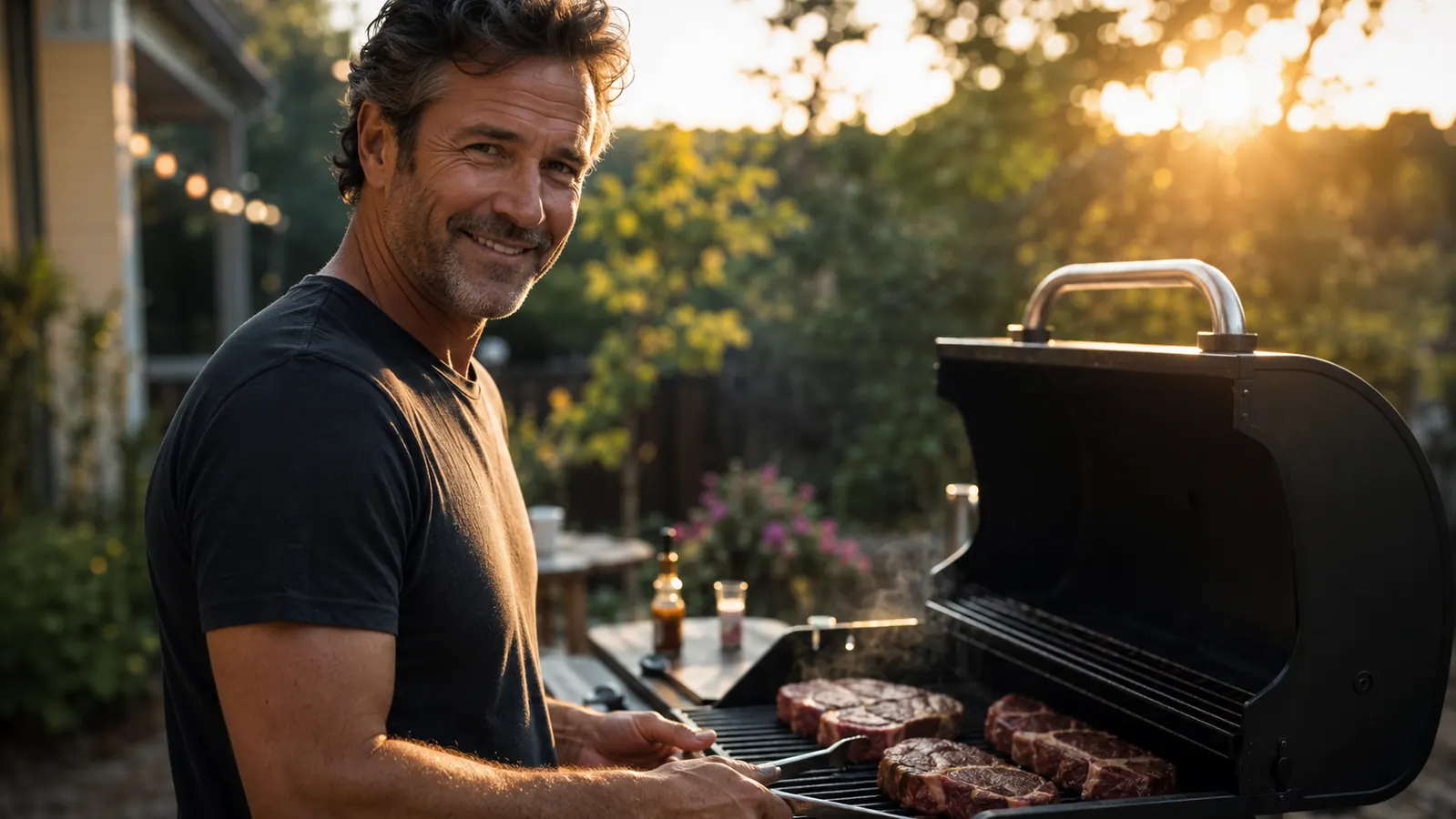 Family gathered around a backyard grill for a cookout, relaxed and happy