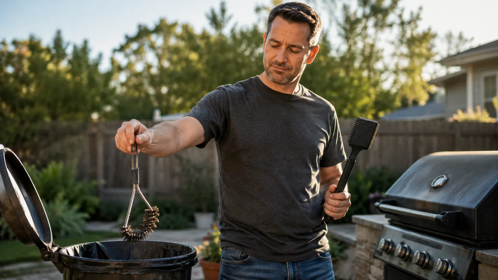 Backyard pitmaster cleaning a charcoal grill on a warm summer afternoon, golden light on the grates